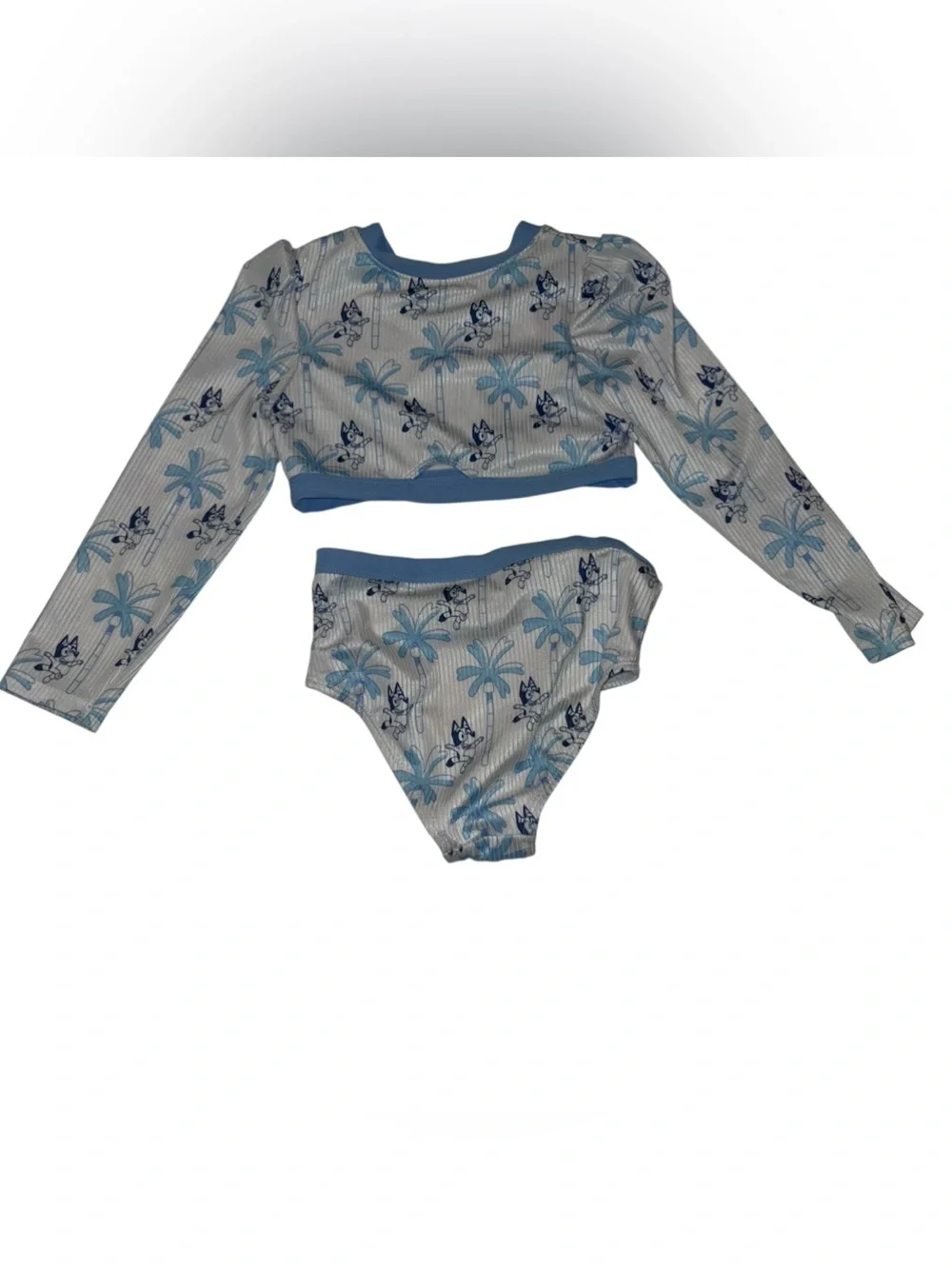 Bluey Long-Sleeve Kids Bikini Set in white & Blue Palm Print Toddler Girls 5T